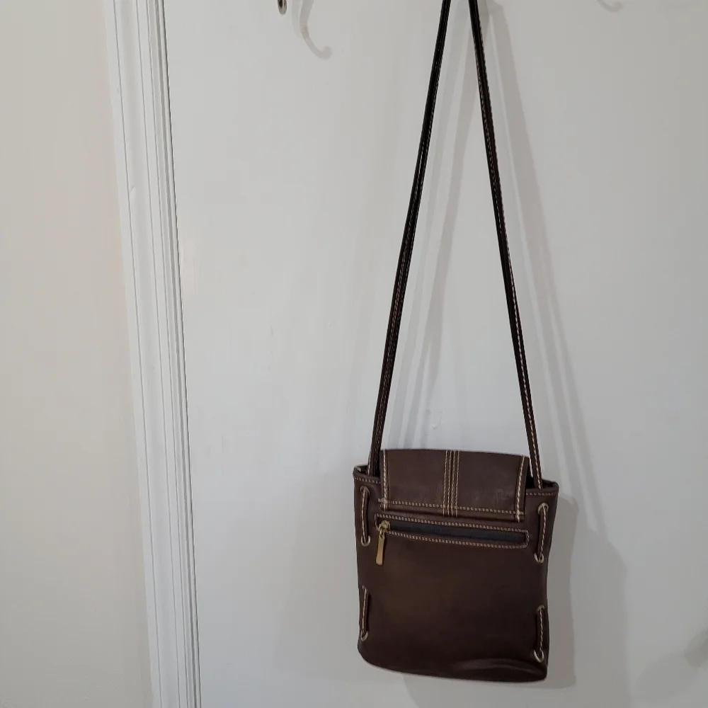 Zhi Zhou Crossbody Bag Flap Top Brown with Contrast Stitching